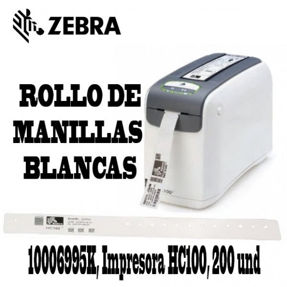 Zebra 10006995K, Rollo de Manillas Blancas 1x11, para impresora HC100, 200 Unidades