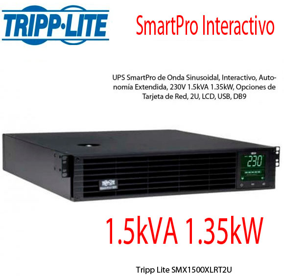 Tripp Lite SMX1500XLRT2U, UPS SmartPro de Onda Sinusoidal, Interactivo, Autonoma Extendida, 230V 1.5kVA 1.35kW, Opciones de Tarjeta de Red, 2U, LCD, USB, DB9