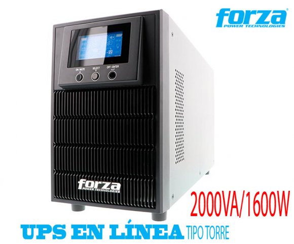 FORZA FDC-2002T, UPS EN LNEA TIPO TORRE, 2000VA/1600W 220VAC, Tiempo de Autonoma de 70 minutos Aprox, 4 salidas universales, LCD de estado, Doble conversin en lnea USB/SNMP/RS232, 40 -70Hz, 12V 9Ah