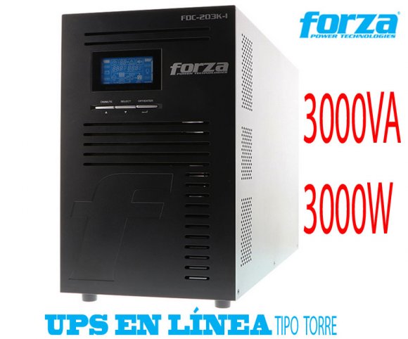 FORZA FDC-203K-I, UPS EN LNEA TIPO TORRE, 3000VA/3000W 220VAC, (EPO), 8 Salidas universales, USB/SNMP/RS232  Usa 6 baterias FUB-1290 (12V 9A), 40 - 70Hz, Software de gestin: Forza Tracker, Tecnologa MOV