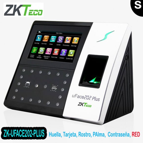 ZKTeco ZK-UFACE202-PLUS, CTRL ACCESO, ASIST.MULTIBIOMTRICO FACIAL Y PALMA, rostros 3000, Palmas 3000, tarj.10000, huellas 4000, eventos 100000, 125KHz, RED 10/100, Salida cerradura y alarma, sensor puerta, botn salida, Pant.2.8