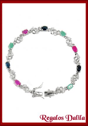 Pulsera Plata Rodinada Esm. Zaf. Rubíes